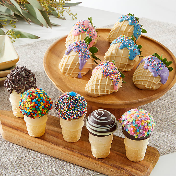 product image for Belgian Chocolate Covered Strawberries and Ice Cream Cone Cake Pops Combo