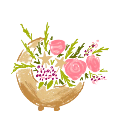 illustrated image of pink floral bouquet in a moon-shaped vase
